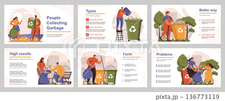 People collecting garbage concept for presentation slide template. Volunteers sorting different trash into separate bins, protecting ecology. Vector illustration with flat persons for layout design People collecting garbage concept for presentation slide template. Volunteers sorting different trash into separate bins, protecting ecology. Vector illustration with flat persons for layout design 136773119
