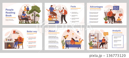 People reading book concept for presentation slide template. Men and women reading lovers pastime with different literature or textbooks. Vector illustration with flat persons for layout design 136773120