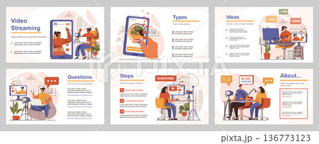 Video streaming concept for presentation slide template. People broadcast online, bloggers communicate with followers, record podcast at studio. Vector illustration with flat persons for layout design 136773123