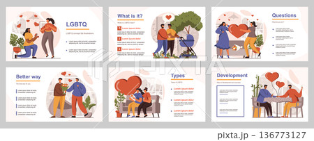 LGBTQ people concept for presentation slide template. Gay and lesbian couples on romantic date, propose, homosexual families raise children. Vector illustration with flat persons for layout design 136773127