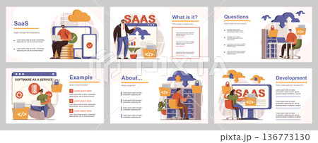 SaaS concept for presentation slide template. People use software as a service, users paying subscription, cloud storage and data computing. Vector illustration with flat persons for layout design 136773130