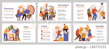 Teamwork concept for presentation slide template. People collaborate at work, generate ideas, targeting, leadership, achieve business goals. Vector illustration with flat persons for layout design 136773131