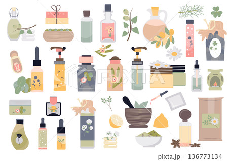 Spa and organic cosmetics isolated elements set. Collection of different types of bottles with skin care products, fruits, herbs and flowers compositions. Vector illustration in flat cartoon design Spa and organic cosmetics isolated elements set. Collection of different types of bottles with skin care products, fruits, herbs and flowers compositions. Vector illustration in flat cartoon design 136773134