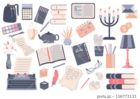 Books and stationery isolated elements set. Collection of papers, letter, calendar, lamp, typewriter, pen and other. Writers desktop items composition. Vector illustration in flat cartoon design Books and stationery isolated elements set. Collection of papers, letter, calendar, lamp, typewriter, pen and other. Writers desktop items composition. Vector illustration in flat cartoon design 136773135