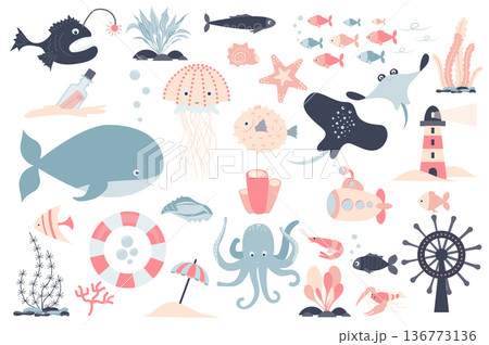 Sea creature and plants isolated elements set. Collection of fishes, crab, jellyfish, submarine, lighthouse and other. Underwater and marine compositions. Vector illustration in flat cartoon design 136773136