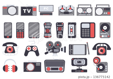 Gadgets isolated elements set. Collection of photo camera, tv, computer, tape recorder, radio, smartphone and other. Electronic device shop compositions. Vector illustration in flat cartoon design 136773142
