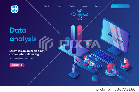 Data analysis concept isometric landing page. Team analyze financial statistics, analyze data charts and analytics graph, 3d web banner template. Vector illustration with people scene in flat design 136773160