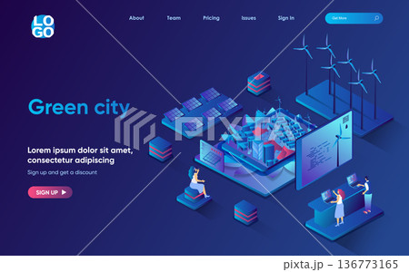 Green city concept isometric landing page. Citizens living and using renewable energy from wind turbines and solar panels, 3d web banner template. Vector illustration with people scene in flat design Green city concept isometric landing page. Citizens living and using renewable energy from wind turbines and solar panels, 3d web banner template. Vector illustration with people scene in flat design 136773165