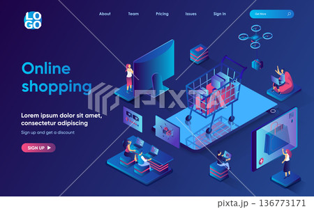Online shopping concept isometric landing page. Customers select products on store website, ordering and pay for purchase, 3d web banner template. Vector illustration with people scene in flat design Online shopping concept isometric landing page. Customers select products on store website, ordering and pay for purchase, 3d web banner template. Vector illustration with people scene in flat design 136773171