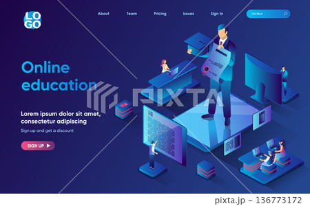 Online education concept isometric landing page. Educational programs, professional development and getting certificates, 3d web banner template. Vector illustration with people scene in flat design 136773172