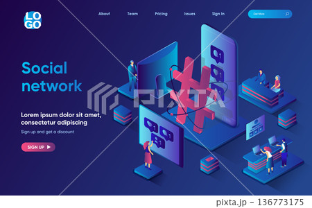 Social network concept isometric landing page. Users browsing, chatting, viewing feed, sharing, commenting and following, 3d web banner template. Vector illustration with people scene in flat design Social network concept isometric landing page. Users browsing, chatting, viewing feed, sharing, commenting and following, 3d web banner template. Vector illustration with people scene in flat design 136773175