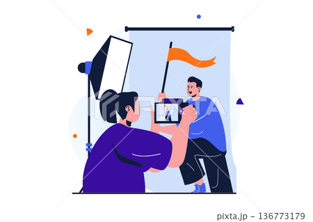 Women working modern flat concept for web banner design. Woman working as professional photographer in photo studio, makes photoshoot for posing man. Vector illustration with isolated people scene Women working modern flat concept for web banner design. Woman working as professional photographer in photo studio, makes photoshoot for posing man. Vector illustration with isolated people scene 136773179