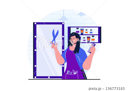 Women working modern flat concept for web banner design. Woman works as hairdresser in beauty salon or barbershop, doing haircuts and styling for client. Vector illustration with isolated people scene 136773183