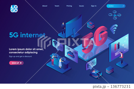 5g internet concept isometric landing page. Users use new high speed wifi signal hotspot, global network technology, 3d web banner template. Vector illustration with people scene in flat design 136773231