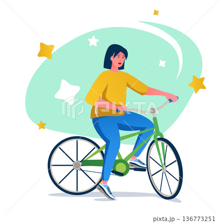 Woman on bicycle flat character concept for web design. Young girl rides bike, eco transport at city, healthy activity modern people scene. Vector illustration for social media promotional materials. Woman on bicycle flat character concept for web design. Young girl rides bike, eco transport at city, healthy activity modern people scene. Vector illustration for social media promotional materials. 136773251
