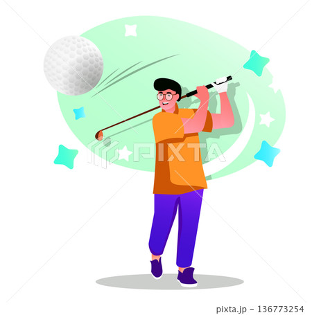 Golf player flat character concept for web design. Happy man hits the ball with a club, training or golf tournament, modern people scene. Vector illustration for social media promotional materials. 136773254