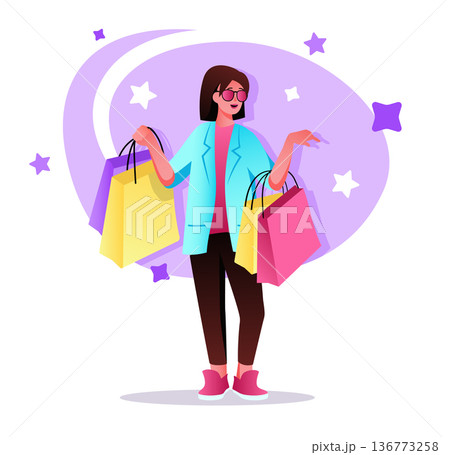 Happy woman shopping flat character concept for web design. Young girl with bags makes purchases, buyer in store, modern people scene. Vector illustration for social media promotional materials. 136773258