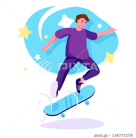 Skateboarder flat character concept for web design. Happy man skater riding skateboard, urban extreme sport activity, modern people scene. Vector illustration for social media promotional materials. 136773259