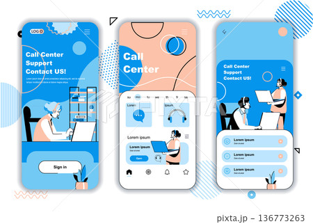 Call center concept onboarding screens for mobile app templates. Operators advise clients, respond to messages. UI, UX, GUI user interface kit with people scenes for web design. Vector illustration 136773263