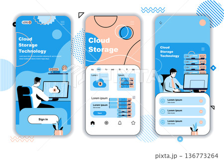Cloud storage concept onboarding screens for mobile app templates. Users upload files, processing and computing. UI, UX, GUI user interface kit with people scenes for web design. Vector illustration 136773264