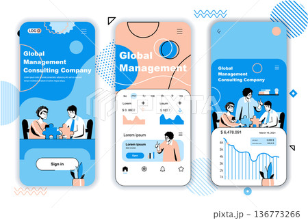 Global management concept onboarding screens for mobile app templates. Business teamwork, development, analytics. UI, UX, GUI user interface kit with people scenes for web design. Vector illustration Global management concept onboarding screens for mobile app templates. Business teamwork, development, analytics. UI, UX, GUI user interface kit with people scenes for web design. Vector illustration 136773266