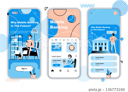 Mobile banking concept onboarding screens for mobile app templates. Online financial transactions and payments. UI, UX, GUI user interface kit with people scenes for web design. Vector illustration Mobile banking concept onboarding screens for mobile app templates. Online financial transactions and payments. UI, UX, GUI user interface kit with people scenes for web design. Vector illustration 136773280