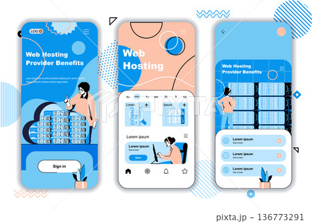 Web hosting concept onboarding screens for mobile app templates. Data center racks hardware and cloud technology. UI, UX, GUI user interface kit with people scenes for web design. Vector illustration 136773291