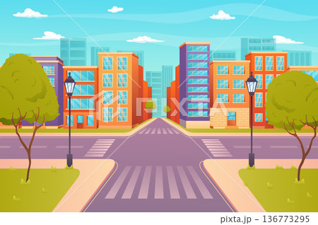 Crossroads on city street view concept in flat cartoon design. Cityview with roadway, sidewalk with lanterns, buildings, skyscrapers on horizon. Urban infrastructure. Vector illustration background Crossroads on city street view concept in flat cartoon design. Cityview with roadway, sidewalk with lanterns, buildings, skyscrapers on horizon. Urban infrastructure. Vector illustration background 136773295
