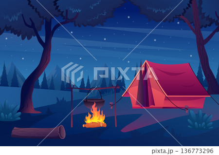 Trekking with tent in forest concept in flat cartoon design. Night scene in woods, starry sky, campground and fireplace, mountains on horizon. Summer hiking outdoors. Vector illustration background 136773296