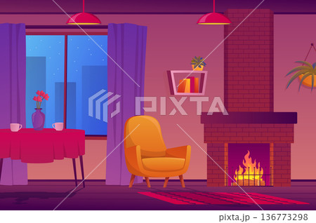 Living room with fireplace interior concept in flat cartoon design. Apartment view with fireplace, armchair, table with cups, window with curtains, bookshelf, decor. Vector illustration background 136773298