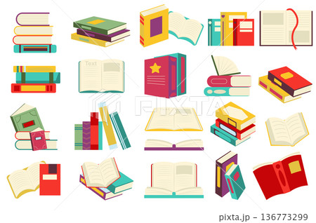 Reading book set in flat cartoon design. Stacks of books or textbook, open pages with bookmarks, literature of different genres. Library or bookstore collection isolated elements. Vector illustration Reading book set in flat cartoon design. Stacks of books or textbook, open pages with bookmarks, literature of different genres. Library or bookstore collection isolated elements. Vector illustration 136773299