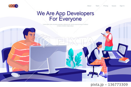 App developers concept isometric landing page. People develop software, optimization and programming on computers in office, 3d web banner. Vector illustration in flat design for website template 136773309