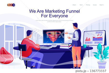 Marketing funnel concept isometric landing page. People analyze data, develop lead generation strategy, buyers make purchases, 3d web banner. Vector illustration in flat design for website template 136773337