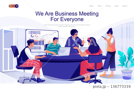 Business meeting concept isometric landing page. People discuss and generate ideas in conference room, colleagues brainstorming, 3d web banner. Vector illustration in flat design for website template 136773339