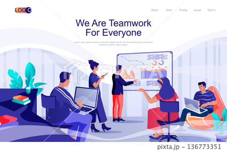 Teamwork concept isometric landing page. People listen to report presentation, discuss work tasks, brainstorming, collaboration, 3d web banner. Vector illustration in flat design for website template 136773351
