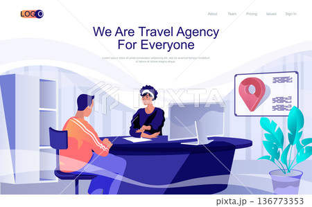 Travel agency concept isometric landing page. People looking for tourist destination, booking tickets, preparing vacation trip, 3d web banner. Vector illustration in flat design for website template 136773353