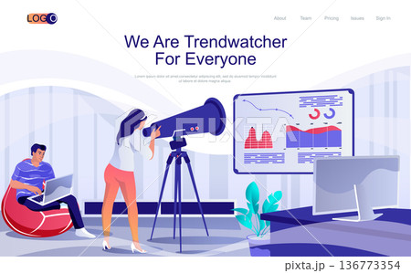 Trendwatcher concept isometric landing page. People analyze trends and new data, making marketing research and working in office, 3d web banner. Vector illustration in flat design for website template Trendwatcher concept isometric landing page. People analyze trends and new data, making marketing research and working in office, 3d web banner. Vector illustration in flat design for website template 136773354