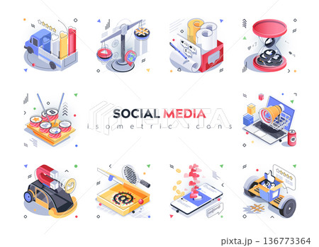 Social media isometric icons set. Content creation and publication, attracting new audience, digital marketing, likes and following, 3d isometry isolated pack. Vector illustration isometric elements 136773364