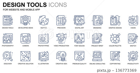 Simple Set Design Tools Line Icons for Website and Mobile Apps. Contains such Icons as Creative, Developing, Precision, Vision, Sketch. Conceptual color line icon. Vector pictogram pack. 136773369