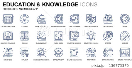 Simple Set Education and Knowledge Line Icons for Website and Mobile Apps. Contains such Icons as Studying, School, Graduation, E-Book. Conceptual color line icon. Vector pictogram pack. Simple Set Education and Knowledge Line Icons for Website and Mobile Apps. Contains such Icons as Studying, School, Graduation, E-Book. Conceptual color line icon. Vector pictogram pack. 136773370