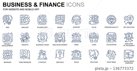 Simple Set Business and Finance Line Icons for Website and Mobile Apps. Contains such Icons as Analysis, Money, Accounting, Strategy, Bank. Conceptual color line icon. Vector pictogram pack. 136773372