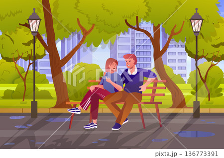 Couple in city garden concept in flat cartoon design. Loving man and woman hugging, talking and sitting on bench in summer city park with green trees. Vector illustration with people scene background Couple in city garden concept in flat cartoon design. Loving man and woman hugging, talking and sitting on bench in summer city park with green trees. Vector illustration with people scene background 136773391
