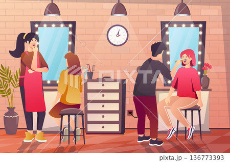 Beauty salon interior concept in flat cartoon design. Beautician makes makeup to female client, hairdresser selects haircut and hair styling for woman. Vector illustration with people scene background Beauty salon interior concept in flat cartoon design. Beautician makes makeup to female client, hairdresser selects haircut and hair styling for woman. Vector illustration with people scene background 136773393