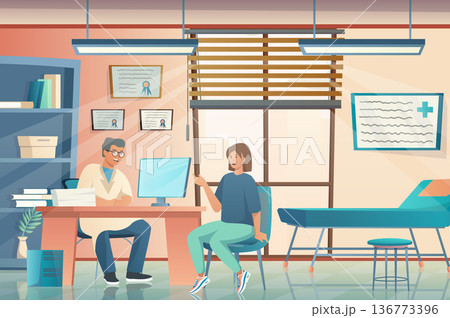 Doctors office concept in flat cartoon design. Therapist consults patient sitting at table, diagnoses and prescribes treatment. Medical services. Vector illustration with people scene background 136773396