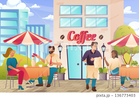 Street cafe exterior with visitors concept in flat cartoon design. Men and women drinking coffee sitting at tables outdoors, waiter serving customers. Vector illustration with people scene background 136773403