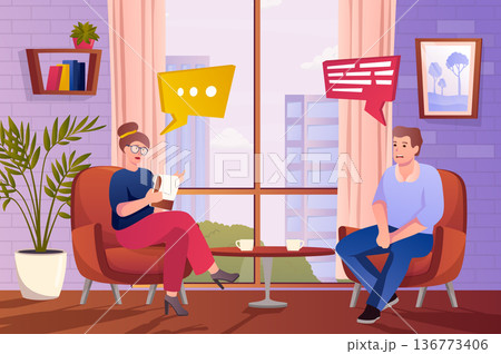Psychologists office concept in flat cartoon design. Man patient talking to woman psychotherapist while sitting at armchairs. Mental health clinic. Vector illustration with people scene background 136773406