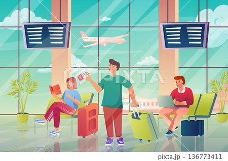 Airport interior with passengers concept in flat cartoon design. Travelers with luggage sitting in waiting hall with huge window with airplane view. Vector illustration with people scene background Airport interior with passengers concept in flat cartoon design. Travelers with luggage sitting in waiting hall with huge window with airplane view. Vector illustration with people scene background 136773411