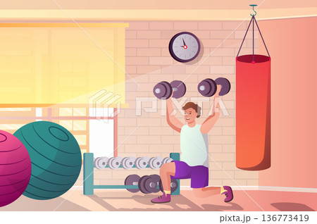 Workout at gym concept in flat cartoon design. Man doing exercises with dumbbells in sports club, doing weightlifting and strength training at gym. Vector illustration with people scene background 136773419