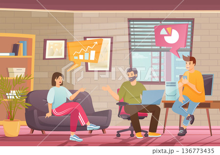 Startupers meeting in office concept in flat cartoon design. Men and women brainstorming and discuss ideas, develop business strategy, launch project. Vector illustration with people scene background Startupers meeting in office concept in flat cartoon design. Men and women brainstorming and discuss ideas, develop business strategy, launch project. Vector illustration with people scene background 136773435