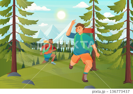 Travelers hiking in forest concept in flat cartoon design. Men hikers with backpacks run in green forest, summer camping outdoors, mountain tourism. Vector illustration with people scene background Travelers hiking in forest concept in flat cartoon design. Men hikers with backpacks run in green forest, summer camping outdoors, mountain tourism. Vector illustration with people scene background 136773437